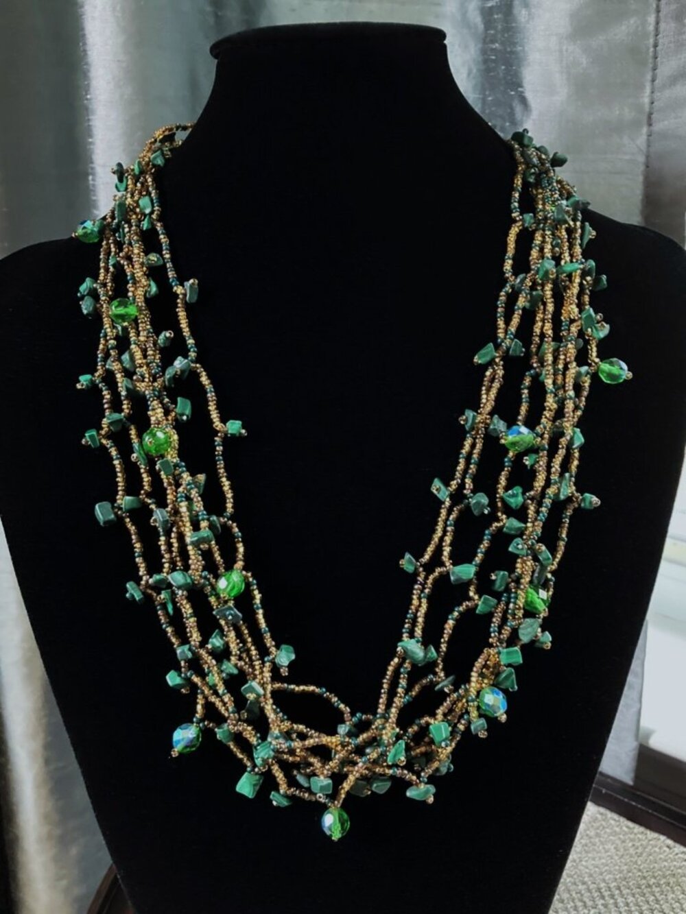 24" Glass Bead & Malachite Chip, 7-Strand NECKLACE, hand beaded, AB, green, gold